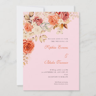 Elegant Orange and White Roses Soft Pink Wedding Invitation