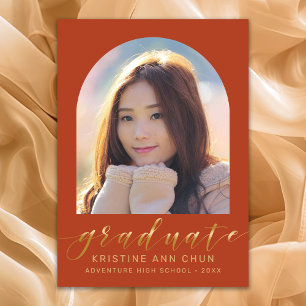 Elegant Orange Arch Gold Script Photo Graduation Announcement