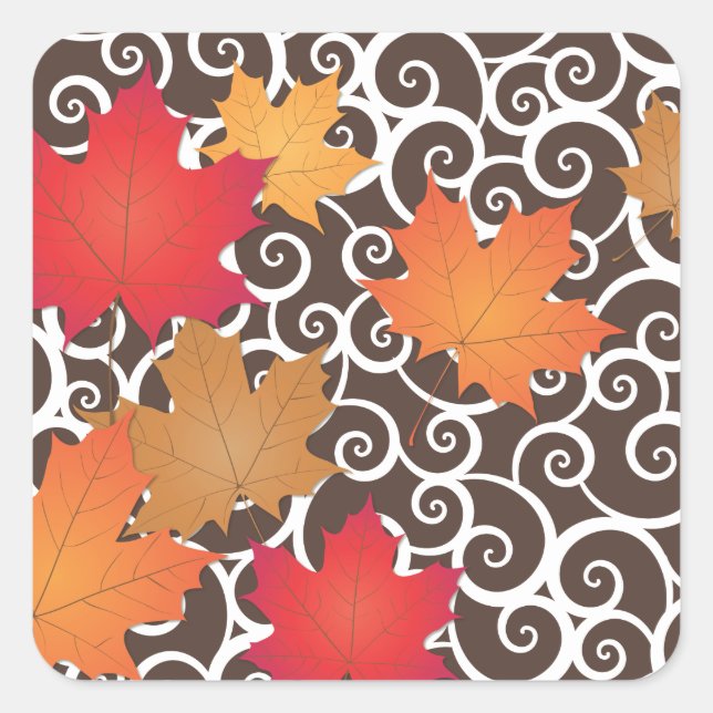 Elegant Orange Autumn Fall Leaves and Swirls Square Sticker (Front)
