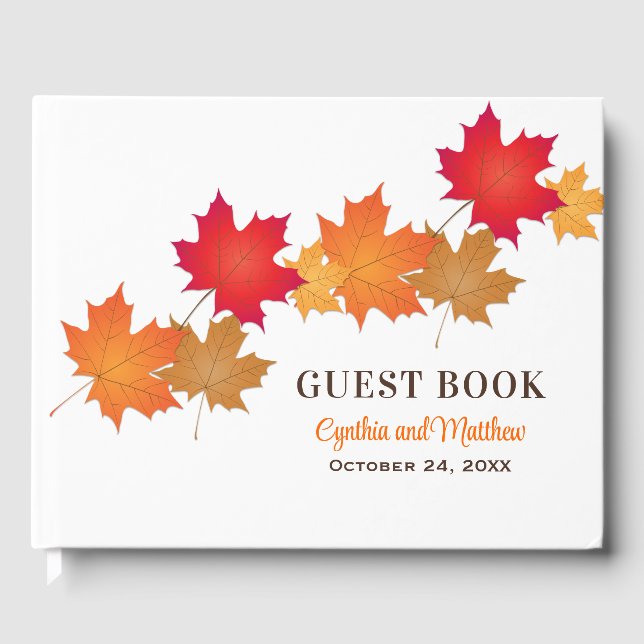 Elegant Orange Autumn Leaves Wedding Monogram Guest Book (Front)