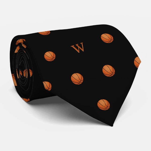 Elegant Orange Basketball Monogram Initials Black Tie (Rolled)