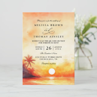 Elegant Orange Beach Sunset QR Code Wedding Invitation