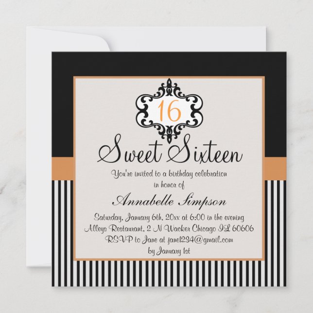 Elegant Orange & Black Chic Sweet 16 Invite (Front)