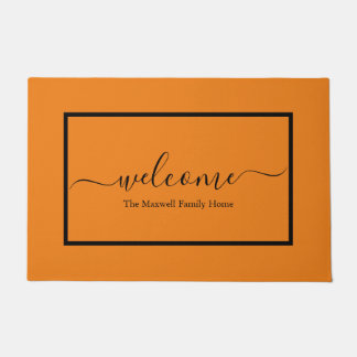 Elegant orange black script family name welcome doormat