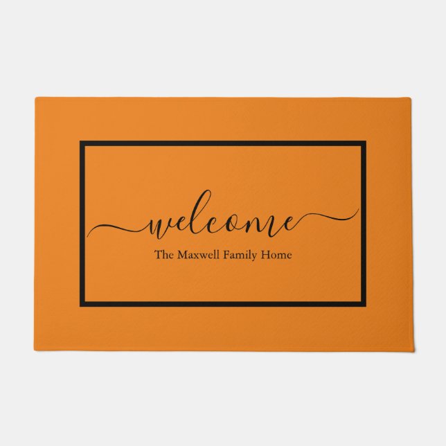 Elegant orange black script family name welcome  doormat (Front)