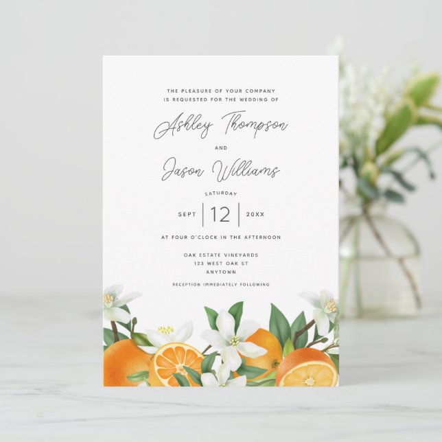 Elegant Orange Blossom Foliage Wedding Invitation (Standing Front)