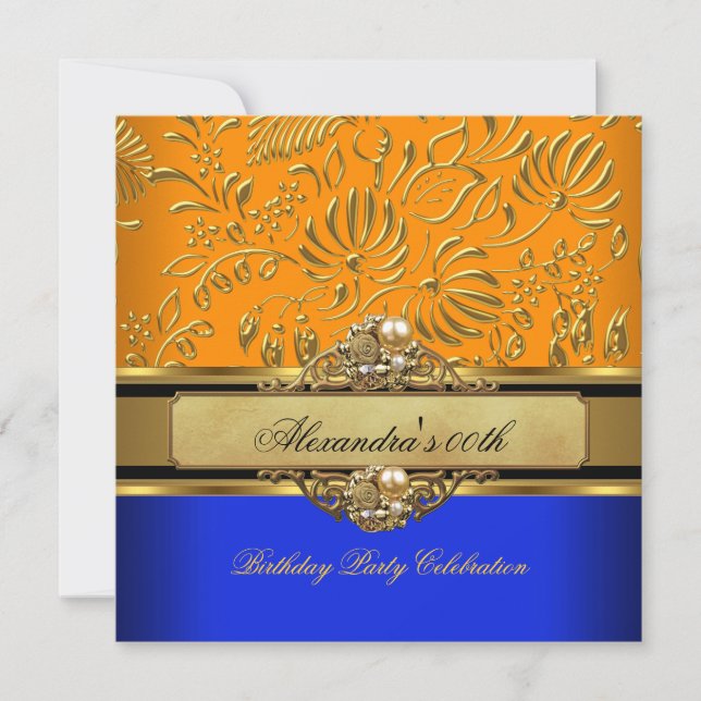 Elegant Orange Blue Gold Damask Birthday Party Invitation (Front)