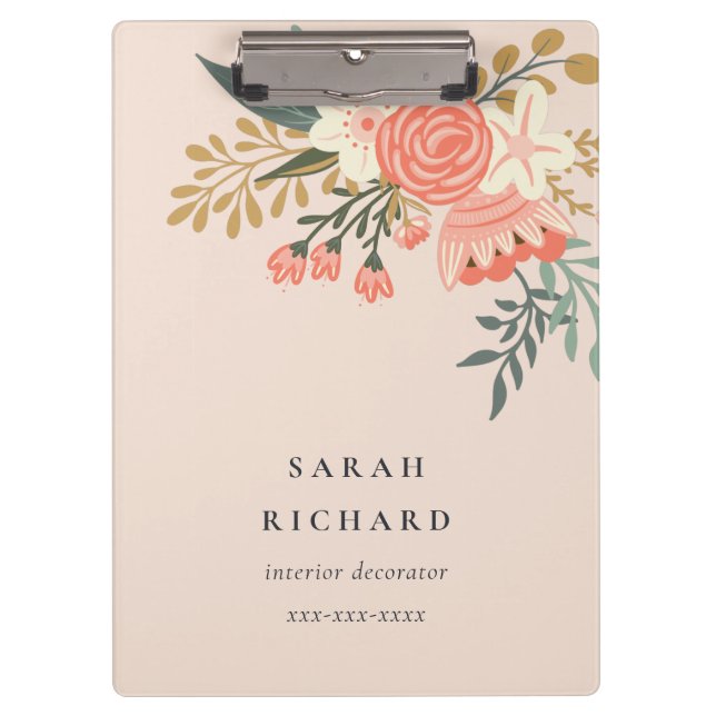 Elegant Orange Blush Peach Green  Ambrosia Floral Clipboard (Front)