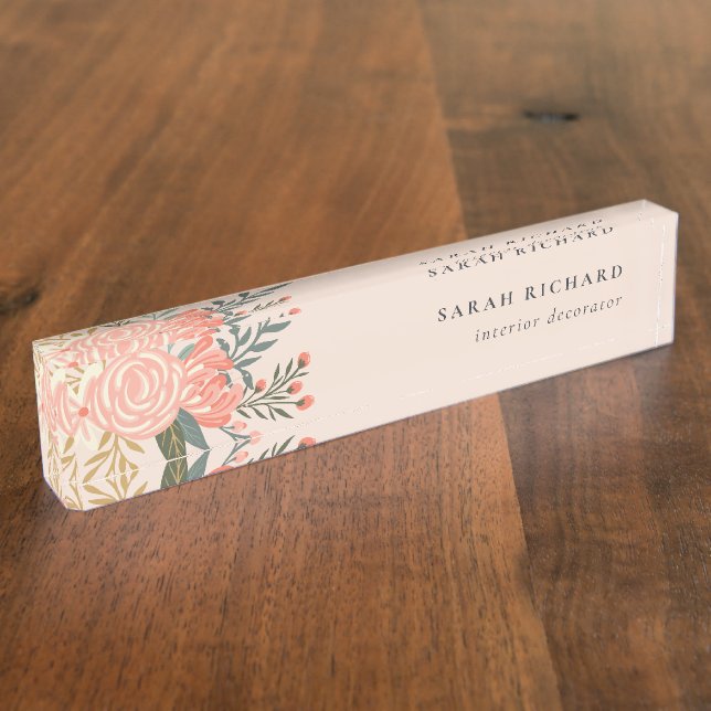 Elegant Orange Blush Peach Green Ambrosia Floral  Nameplate (Side)