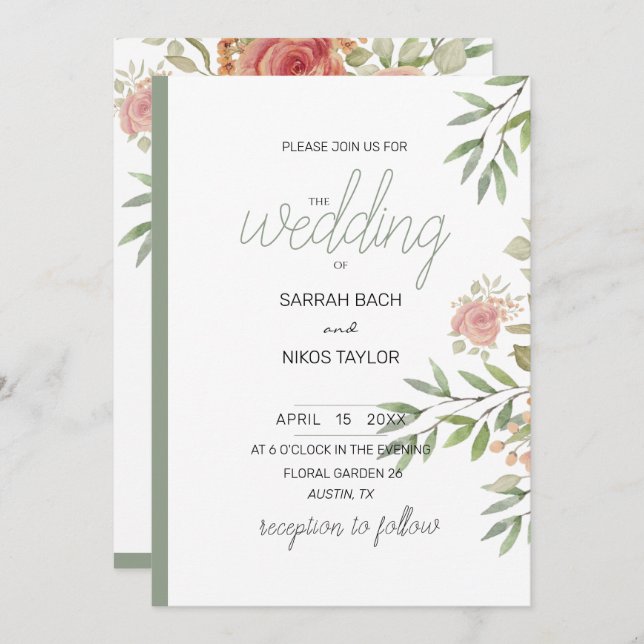 Elegant Orange Blush Roses Watercolor Invitation (Front/Back)