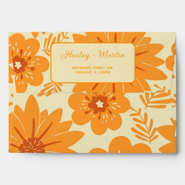 Elegant Orange Boho Floral Engagement Stationery Envelope (Back (Top Flap))