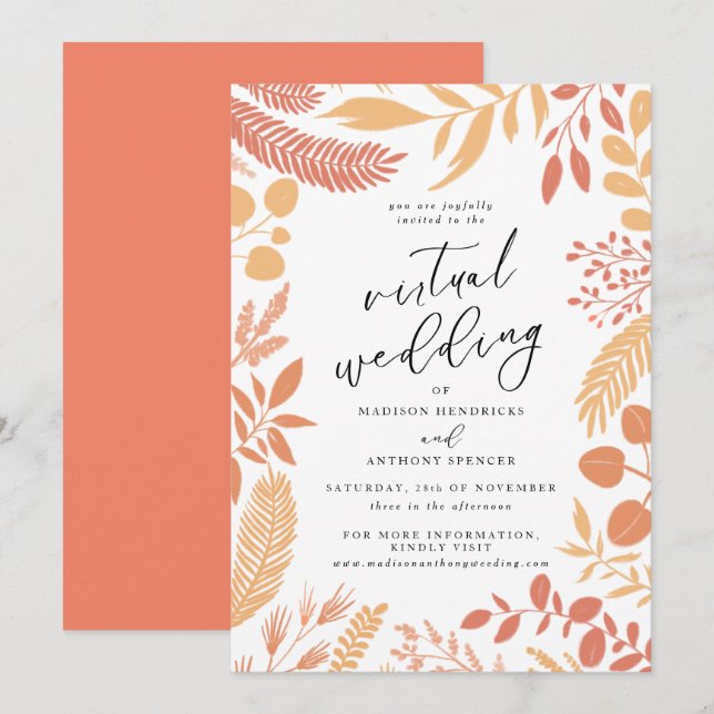 Elegant Orange Botanical Virtual Wedding Invitation (Front/Back)