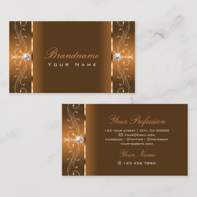Elegant Orange Brown Squiggled Jewels Ornamental Business Card (Front/Back)