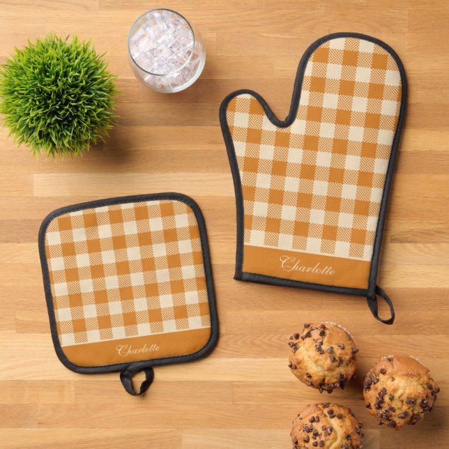 Elegant Orange & Cream Lumberjack Tartan Custom Oven Mitt & Pot Holder Set (Top Down)