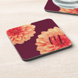 Elegant Orange Dahlias Flowers Burgundy Monogram Coaster