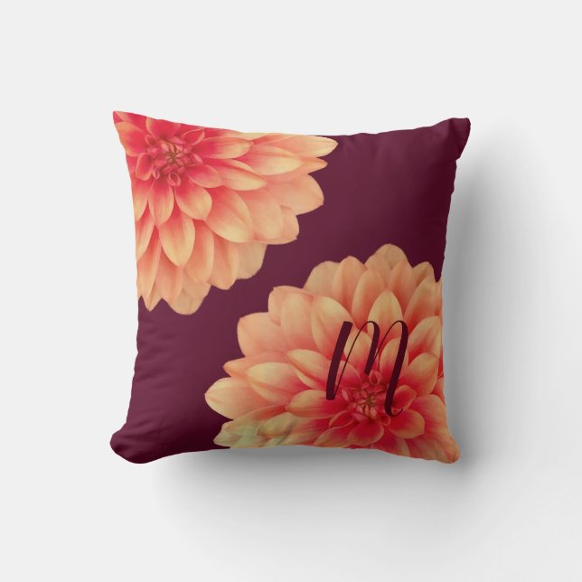 Elegant Orange Dahlias Flowers Burgundy Monogram Cushion (Front)