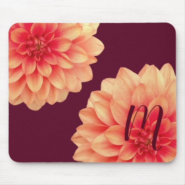Elegant Orange Dahlias Flowers Burgundy Monogram Mouse Mat (Front)