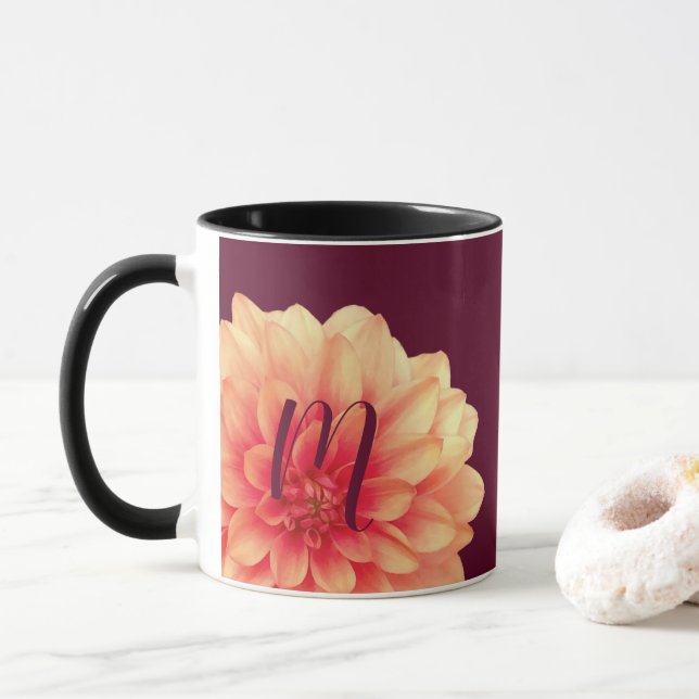 Elegant Orange Dahlias Flowers Burgundy Monogram Mug (With Donut)
