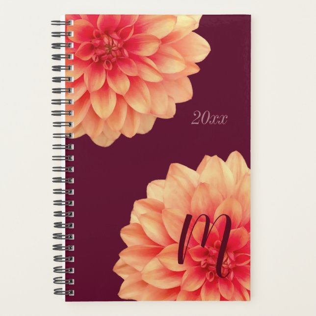 Elegant Orange Dahlias Flowers Burgundy Monogram   Planner (Front)