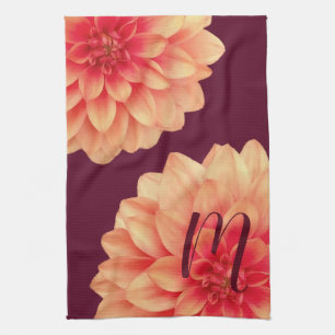 Elegant Orange Dahlias Flowers Burgundy Monogram Tea Towel