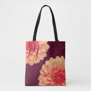 Elegant Orange Dahlias Flowers Burgundy Monogram  Tote Bag