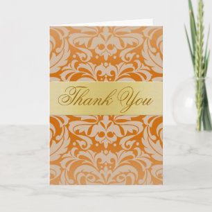 Elegant Orange Damask Gold Ribbon Thank You Card