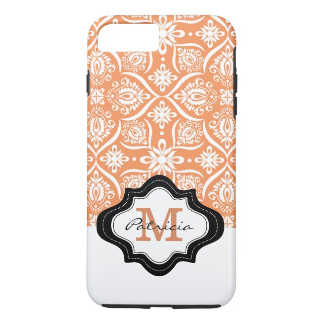 Elegant Orange Damask Pattern Custom Monogram [3] Case-Mate iPhone Case (Back)