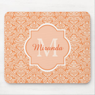 Elegant Orange Damask Pattern Monogram and Name Mouse Mat