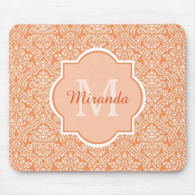 Elegant Orange Damask Pattern Monogram and Name Mouse Mat (Front)