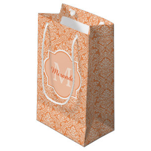 Elegant Orange Damask Pattern Monogram and Name Small Gift Bag