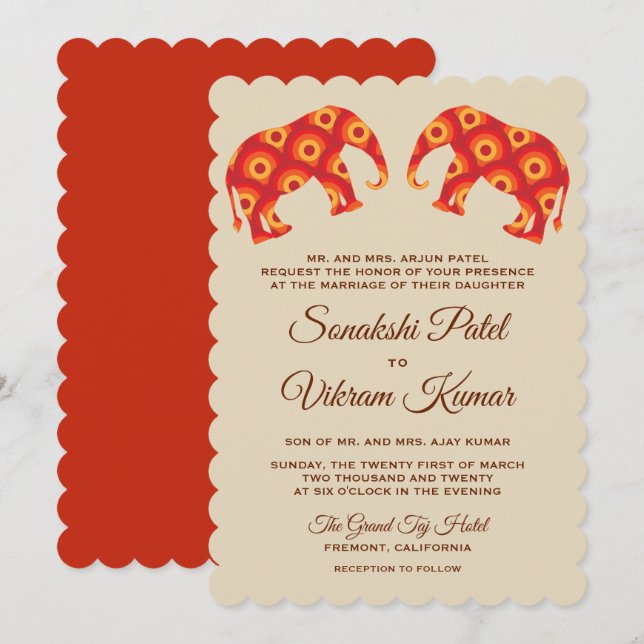 Elegant Orange Elephants Indian Wedding Invitation (Front/Back)