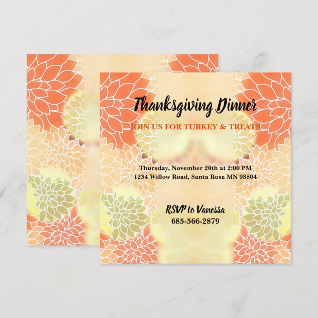 Elegant Orange Fall Floral Thanksgiving  Invitation (Front/Back)