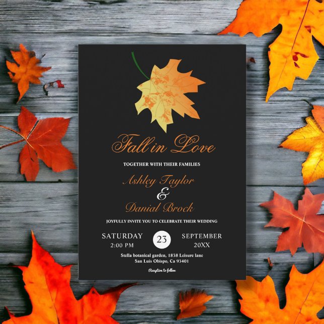Elegant Orange Fall Leaves Black Floral Wedding Invitation (Creator Uploaded)