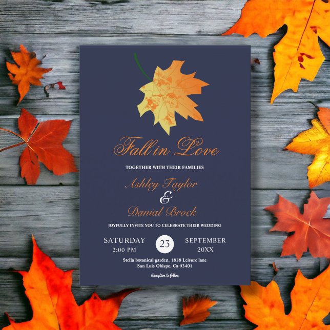 Elegant Orange Fall Leaves Blue Floral Wedding Invitation (Creator Uploaded)