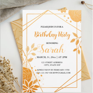elegant orange floral and geometric gold birthday invitation