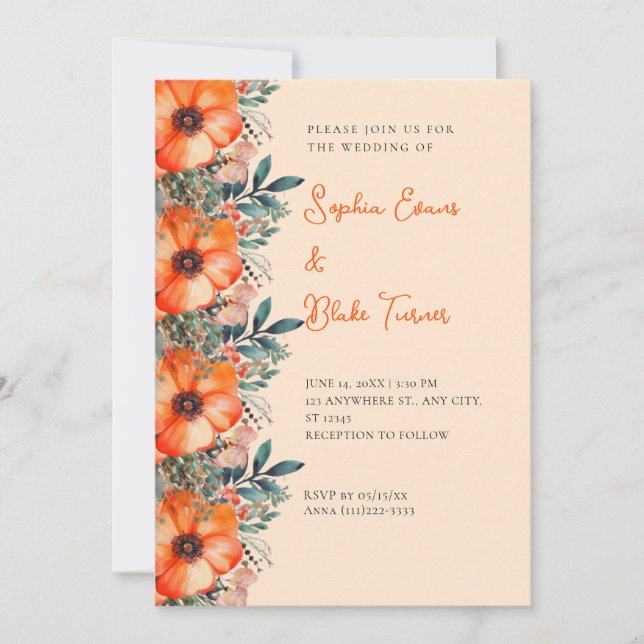 Elegant Orange Floral and Greenery Cream Wedding Invitation (Front)