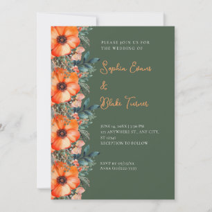 Elegant Orange Floral and Greenery Green Wedding Invitation