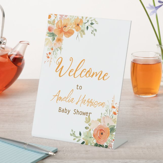 Elegant Orange Floral Baby Shower Acrylic Sign (In SItu)