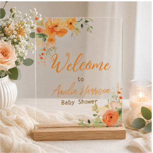 Elegant Orange Floral Baby Shower Acrylic Sign