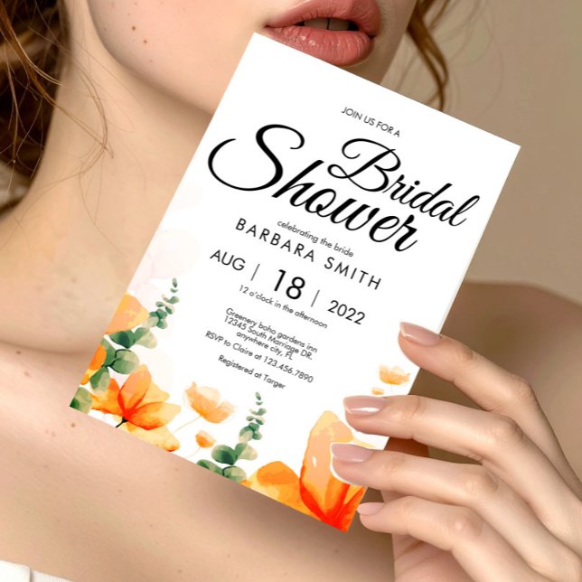 Elegant Orange Floral Bridal Shower Invitation Postcard (Elegant Orange Floral Bridal Shower Invitation Postcard, Bridal Shower Floral)