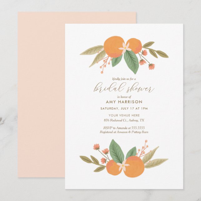 Elegant Orange Floral Citrus Bridal Shower Invitation (Front/Back)
