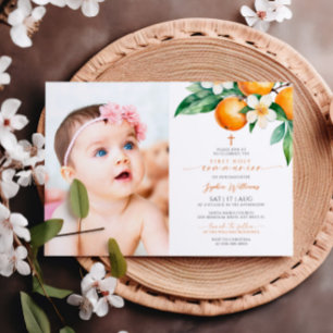 Elegant Orange Floral Photo First Holy Communion Invitation