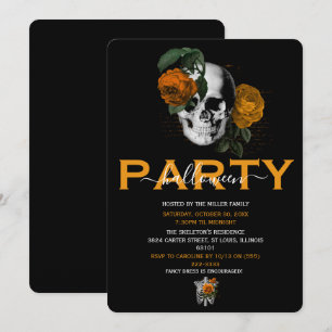 Elegant Orange Floral Skull Adult Halloween Party Invitation