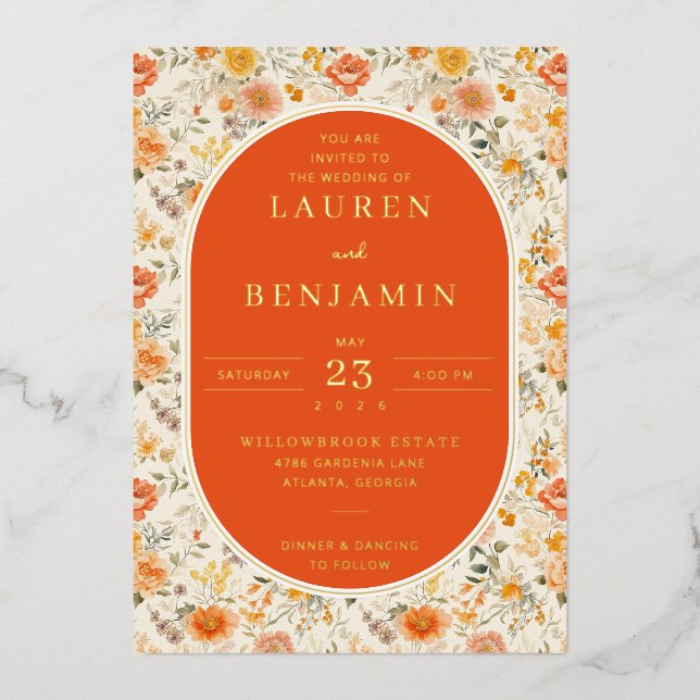 Elegant Orange Floral Wedding Invitation (Front)