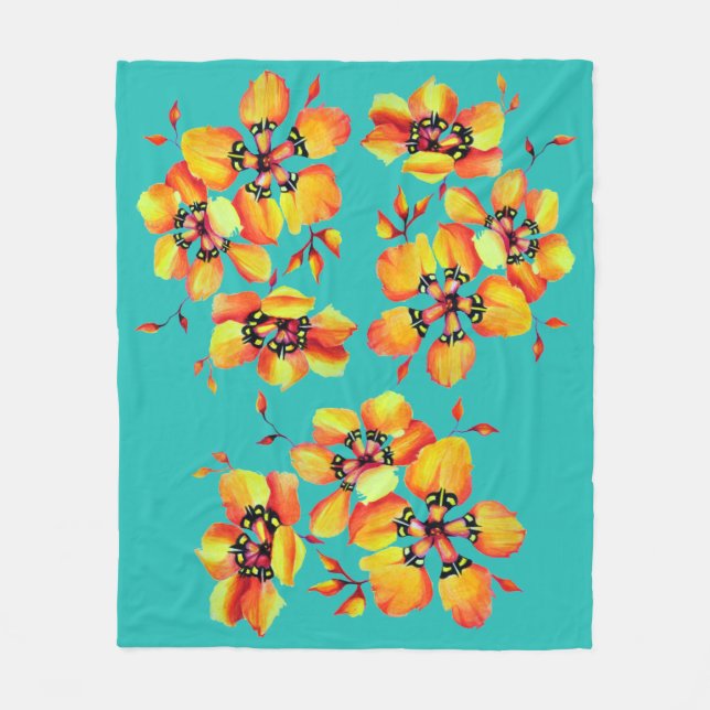 Elegant Orange Flowers - Aqua Fleece Blanket (Front)