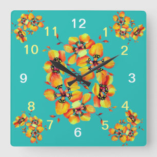 Elegant Orange Flowers - Aqua Square Wall Clock