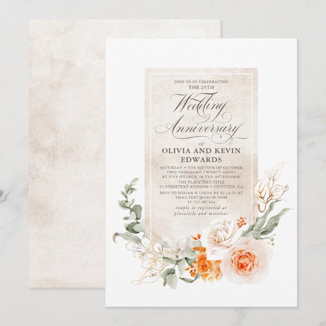 Elegant Orange Flowers Wedding Anniversary Invitation (Front/Back)