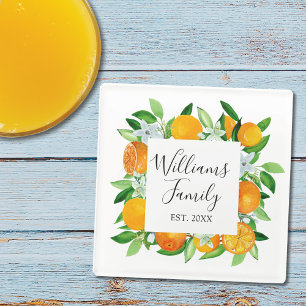 Elegant Orange Fruits and Flowers Summer Floral Glass Coaster