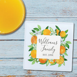 Elegant Orange Fruits and Flowers Summer Floral Glass Coaster