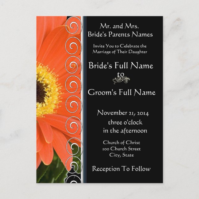Elegant Orange Gerber Daisy Wedding Invitation (Front)